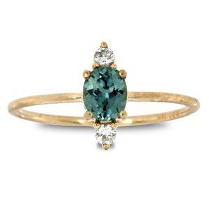 14K Yellow Gold Oval Teal Sapphire & Diamond Ring